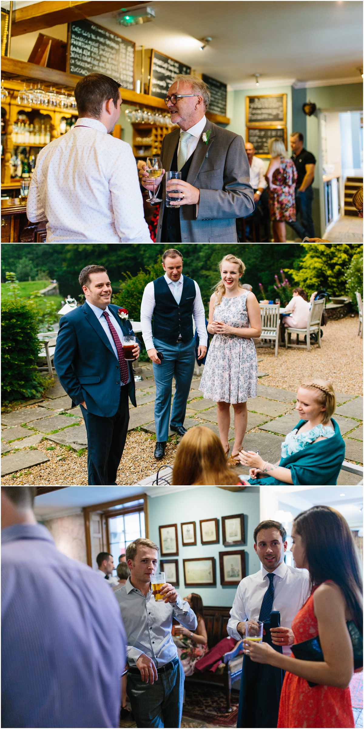 Inn at whitewell wedding photography family and friends talking at the inn at whitewell wedding venue